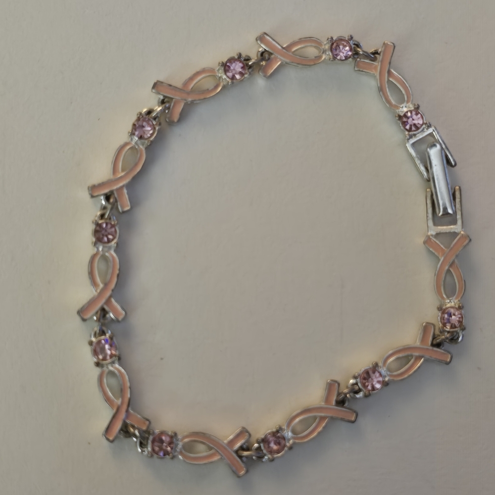 AVON Breast Cancer Pink Ribbon Silver Tone Tennis Bracelet